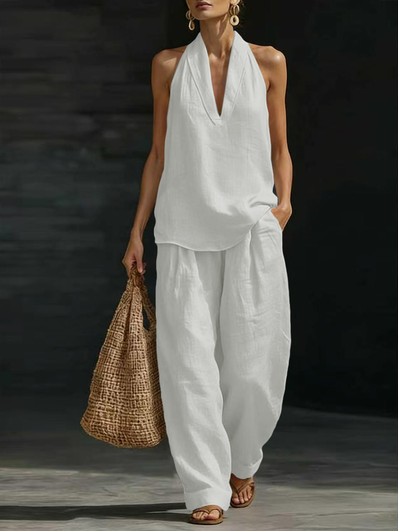 Women Linen 2 Piece Outfit Hal - Suspender Tank Top ulasan dan harga