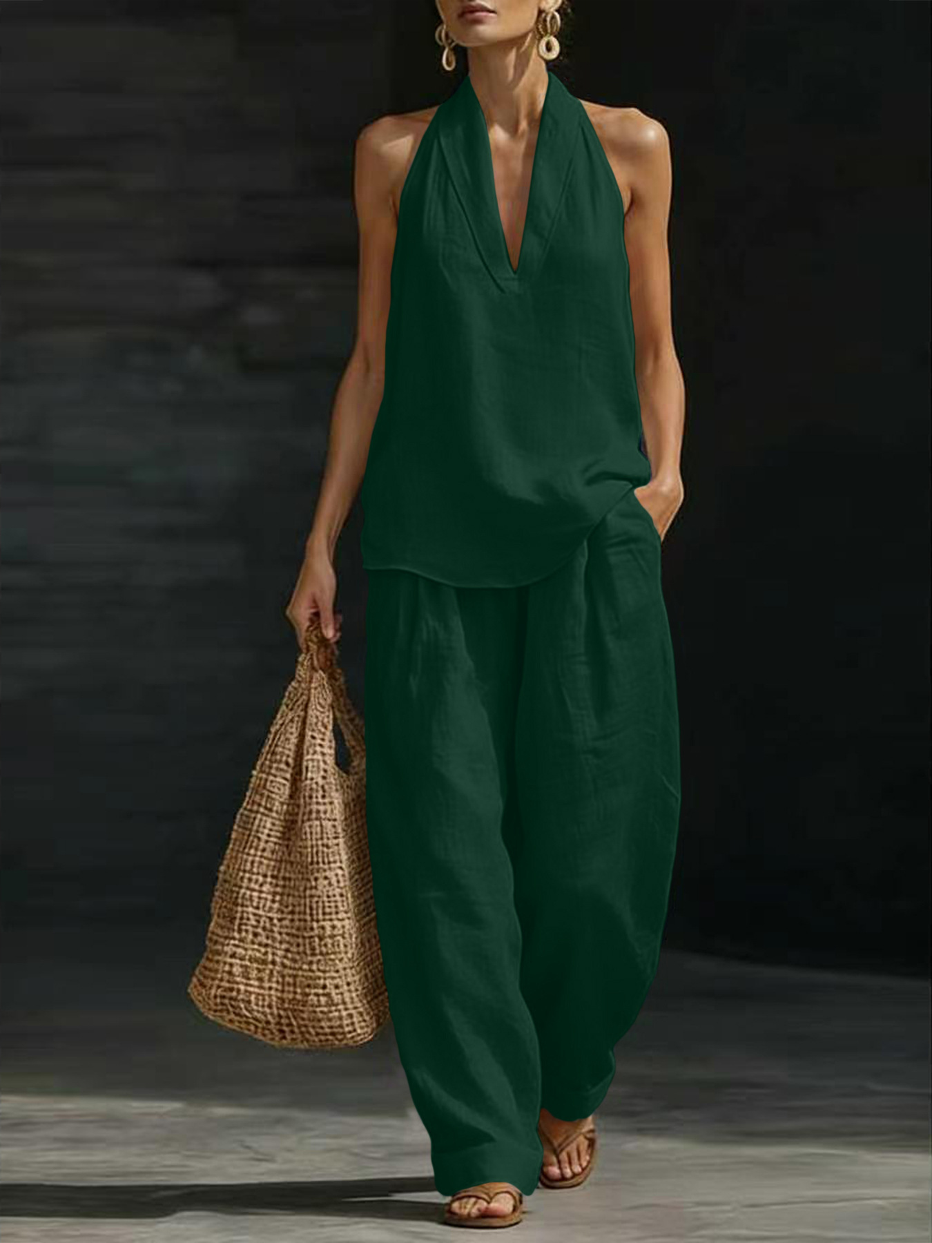 Women Linen 2 Piece Outfit Hal - Suspender Tank Top ulasan dan harga