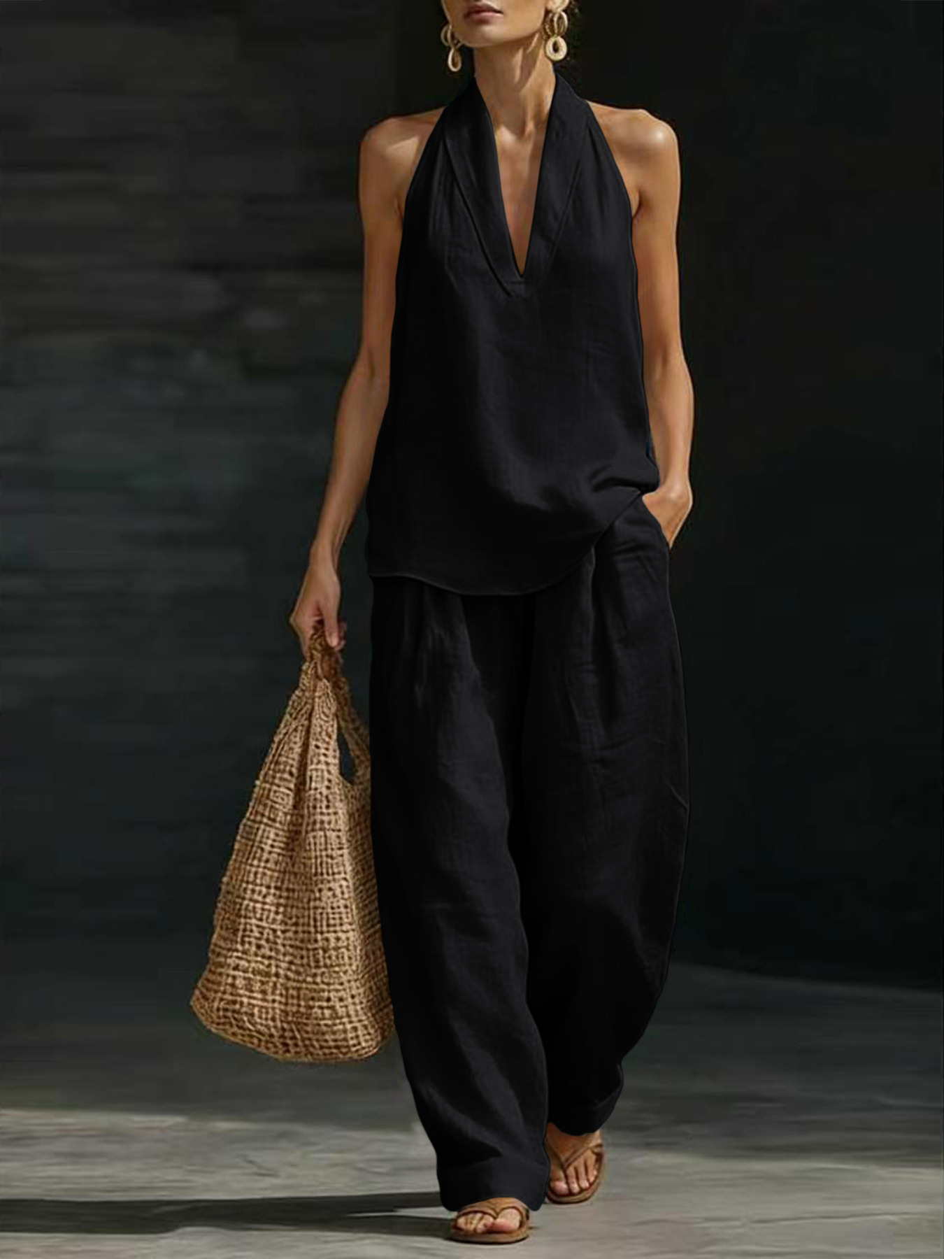 Women Linen 2 Piece Outfit Hal - Suspender Tank Top ulasan dan harga