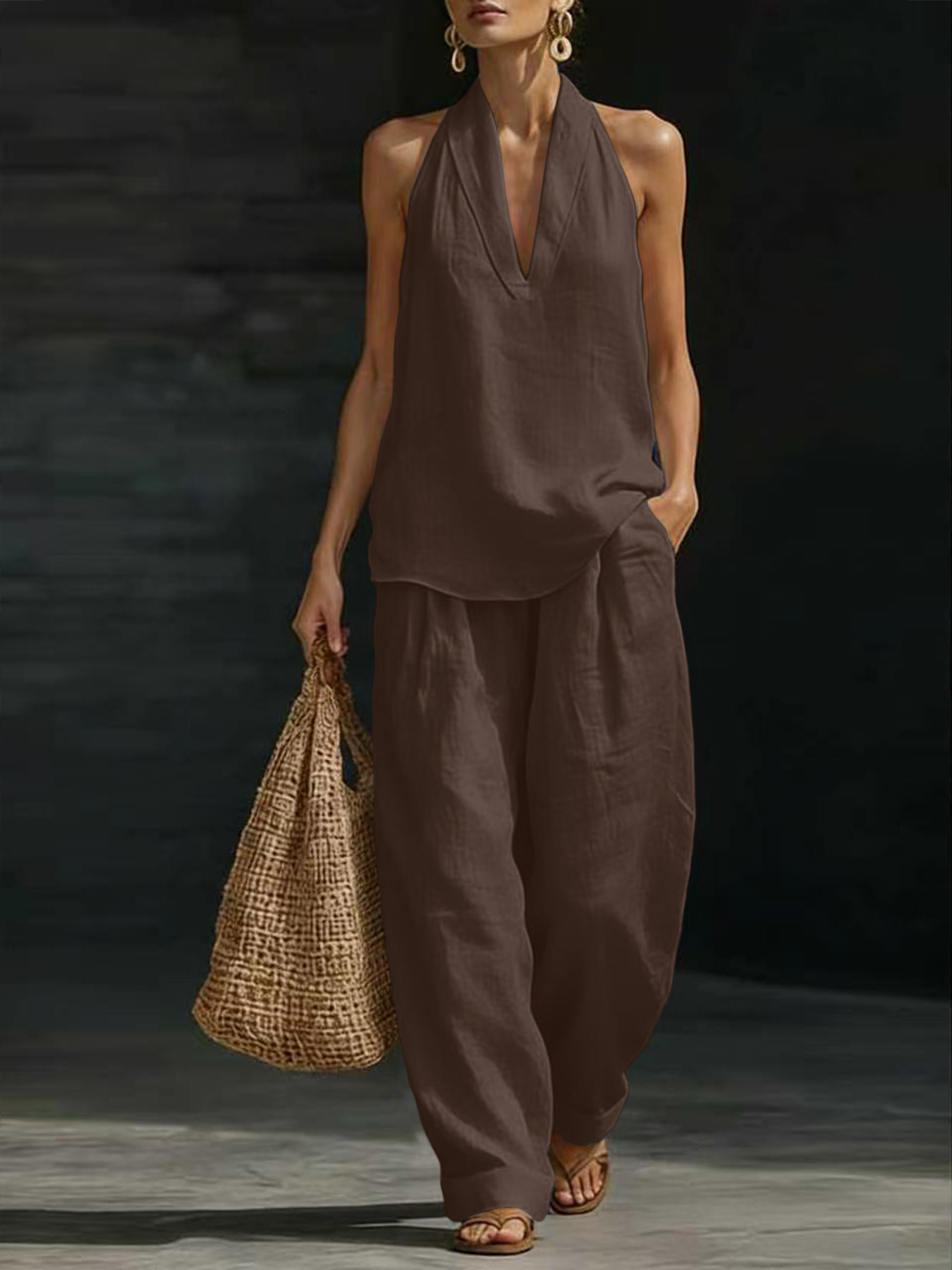 Women Linen 2 Piece Outfit Hal - Suspender Tank Top ulasan dan harga